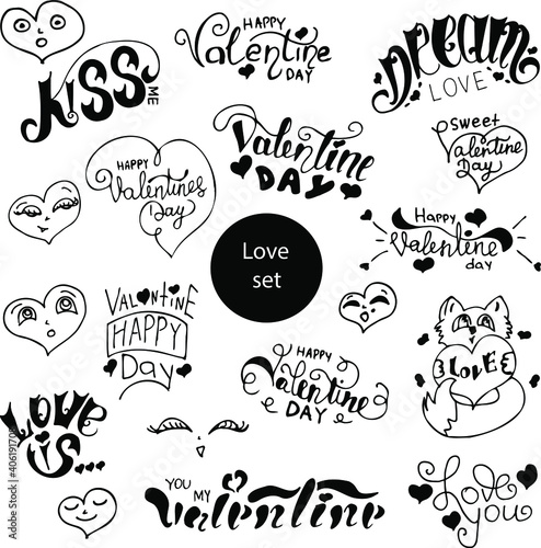 Love set for Valentine day black isolated 