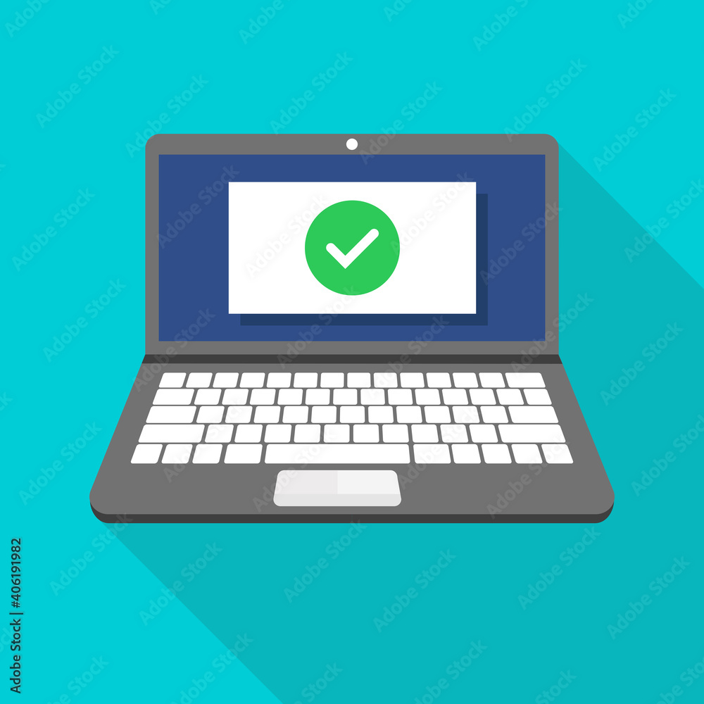 Laptop with checkmark or tick notification. Vector illustration. Laptop with checkmark or tick notification. Vector illustration.