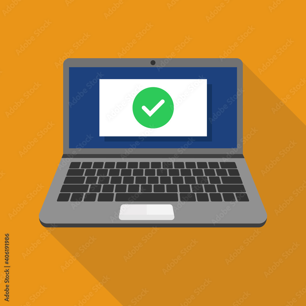 Laptop with checkmark or tick notification. Vector illustration.