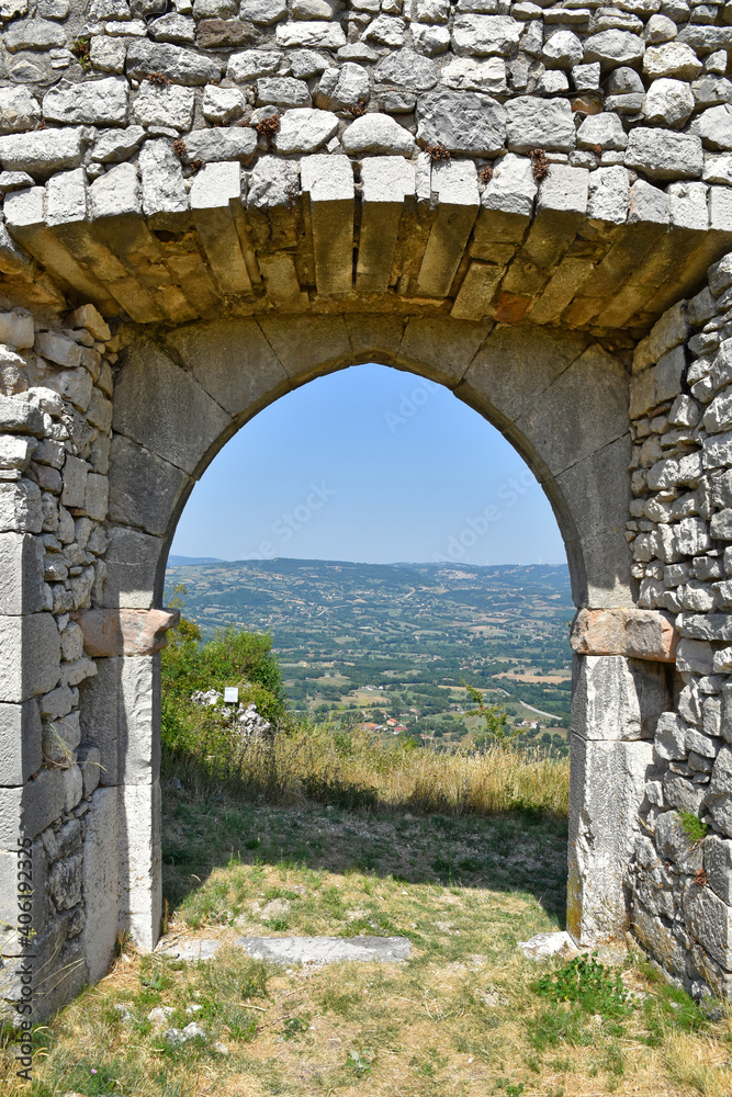 An entrance arch in a ruined medieval castle in the town of Morcone in the province of Benevento.