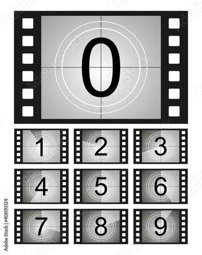 Set of countdown frame. Film countdown. Movie timer count. Retro cinema strip. Vintage timer count.