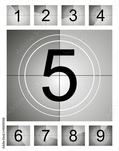 Set of countdown frame. Film countdown. Movie timer count. Retro cinema strip. Vintage timer count.