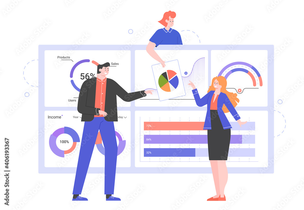 Team of colleagues next to an information dashboard. Financial data, analytics, economic analysis. Annual report of the company on income and expenses. Business Characters. Vector flat illustration.