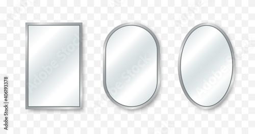 Realistic mirror set. Reflecting glass mirrors of different shapes. Mirrored frames. Vector illustration.