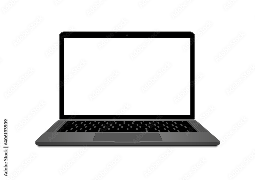 Realistic laptop front view. Laptop modern mockup in space gray color. Blank screen display notebook. Opened computer screen with keyboard. Smart device.. Realistic laptop front view. Laptop modern mockup in space gray color. Blank screen display notebook. Opened computer screen with keyboard. Smart device..