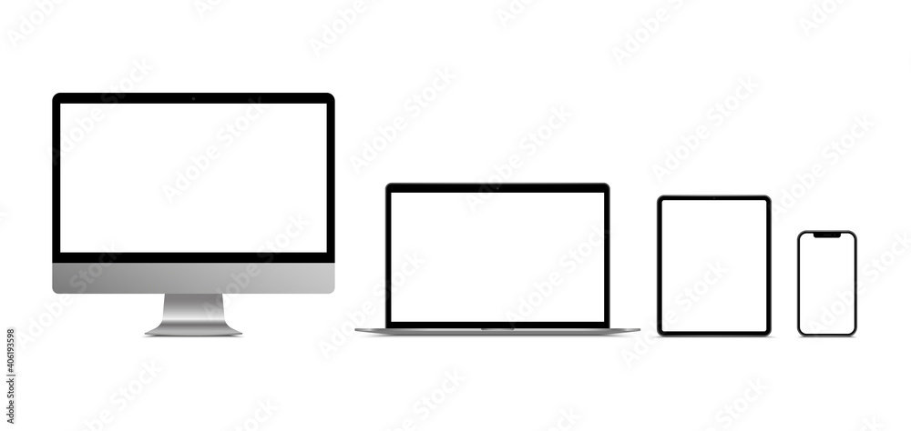 Realistic monitor computer, laptop, tablet and smartphone. Modern device set. Mock up desktop computer, notebook, tablet, mobile phone with blank screen. Electronic gadgets.