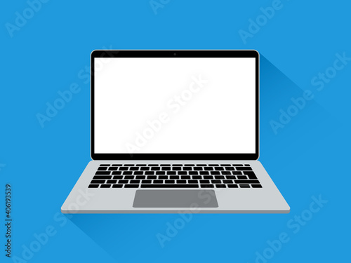 Laptop flat. Mockup modern laptop with blank screen. Opened computer screen with keyboard. Vector illustration.