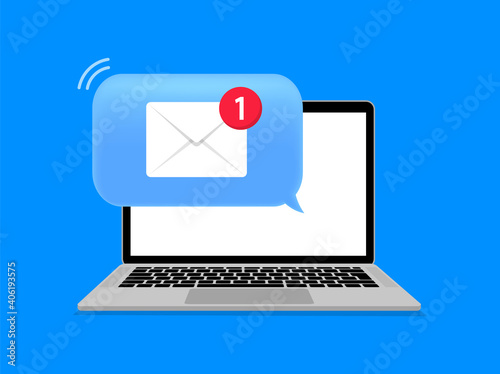 Email notification on laptop. New message. Mail notice on laptop screen. Flat style. Vector illustration.