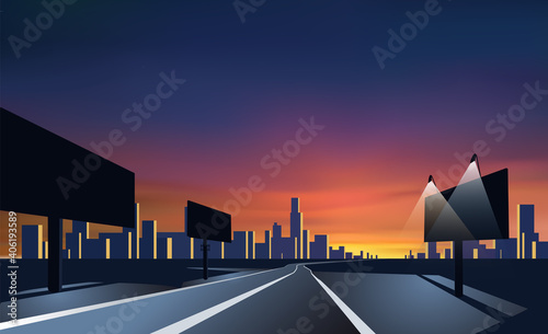 City landscape perspective. Road with bill boards. Colorful sunset.