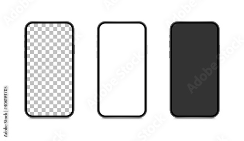 Smartphone mockup set. Realistic mobile phone with blank white, black and background screen. Phone front view. Modern device.