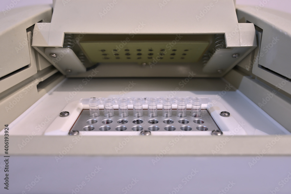 Samples inside a PCR machine used in laboratory testing and ...