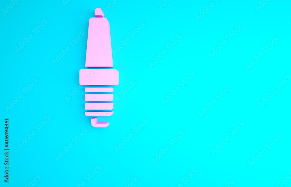 Pink Car spark plug icon isolated on blue background. Car electric candle. Minimalism concept. 3d illustration 3D render. Pink Car spark plug icon isolated on blue background. Car electric candle. Minimalism concept. 3d illustration 3D render.