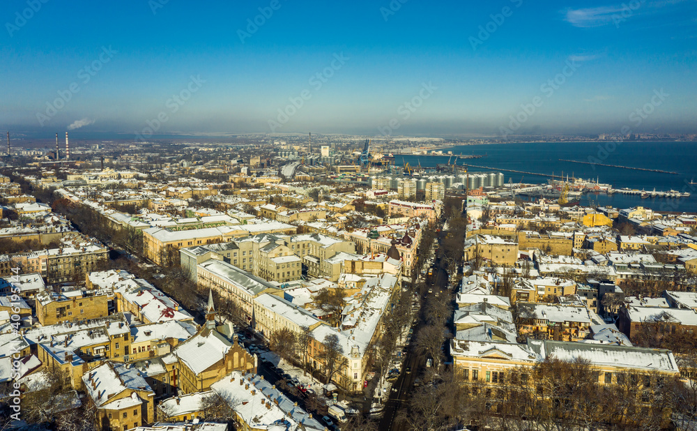 Air panorama the center city in Odessa Ukraine. Drone footage, winter time and sunny day