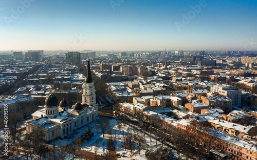 Air panorama of city center with Orthodox Cathedral in Odessa, Ukraine. Drone footage, winter time and sunny day.. photo