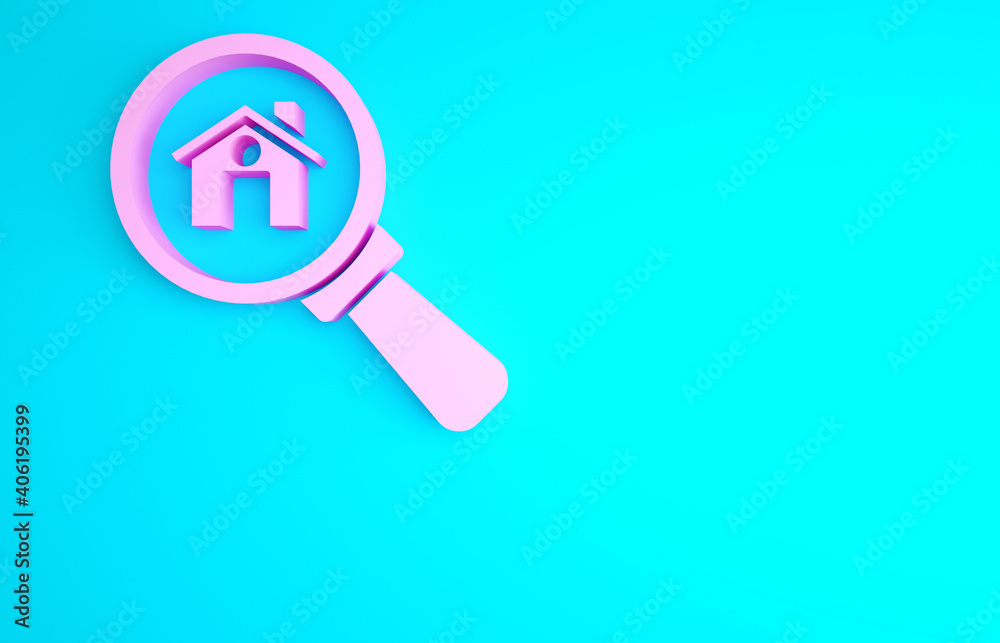Pink Search house icon isolated on blue background. Real estate symbol of a house under magnifying glass. Minimalism concept. 3d illustration 3D render. Pink Search house icon isolated on blue background. Real estate symbol of a house under magnifying glass. Minimalism concept. 3d illustration 3D render.
