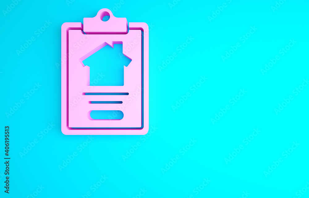 Pink House contract icon isolated on blue background. Contract creation service, document formation, application form composition. Minimalism concept. 3d illustration 3D render. Pink House contract icon isolated on blue background. Contract creation service, document formation, application form composition. Minimalism concept. 3d illustration 3D render.
