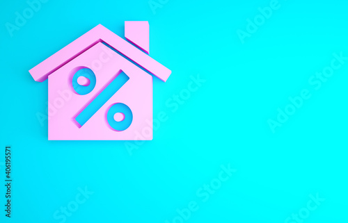 Pink House with percant discount tag icon isolated on blue background. Real estate home. Credit percentage symbol. Minimalism concept. 3d illustration 3D render.