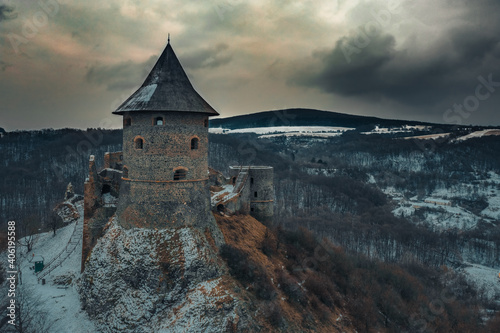 Slovakia - Somosko Castle in winter time with snowy from drone view