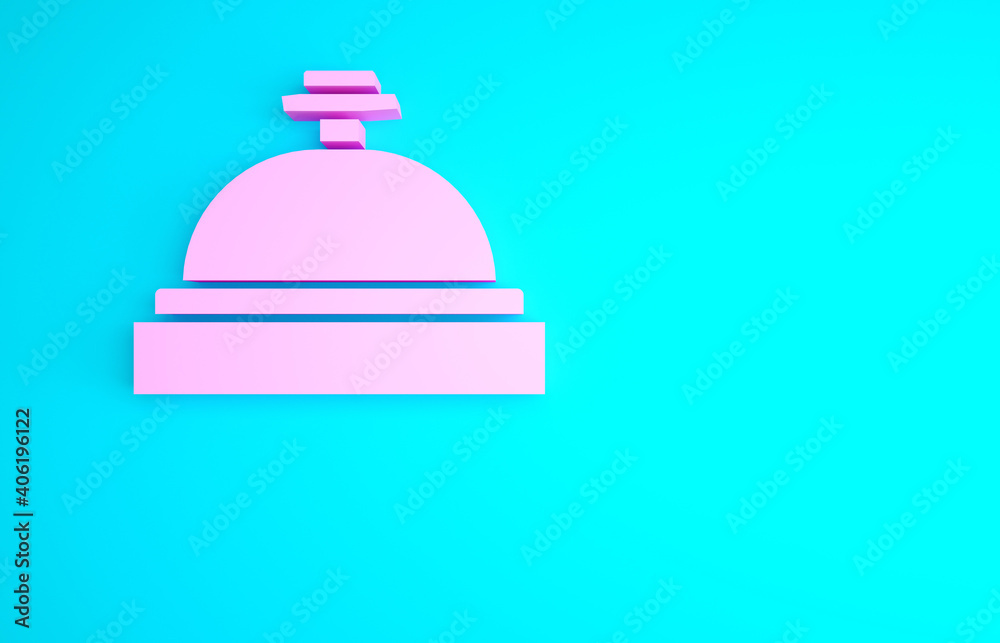 Pink Hotel service bell icon isolated on blue background. Reception bell. Minimalism concept. 3d illustration 3D render. Pink Hotel service bell icon isolated on blue background. Reception bell. Minimalism concept. 3d illustration 3D render.