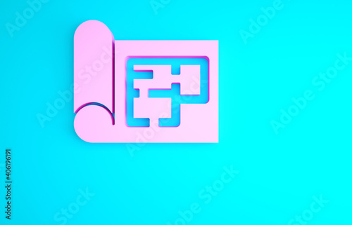 Pink House plan icon isolated on blue background. Minimalism concept. 3d illustration 3D render.