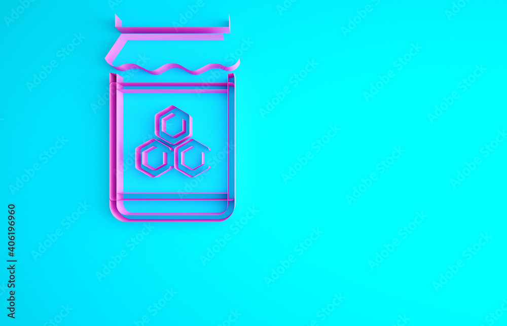 Pink Jar of honey icon isolated on blue background. Food bank. Sweet natural food symbol. Minimalism concept. 3d illustration 3D render. Pink Jar of honey icon isolated on blue background. Food bank. Sweet natural food symbol. Minimalism concept. 3d illustration 3D render.