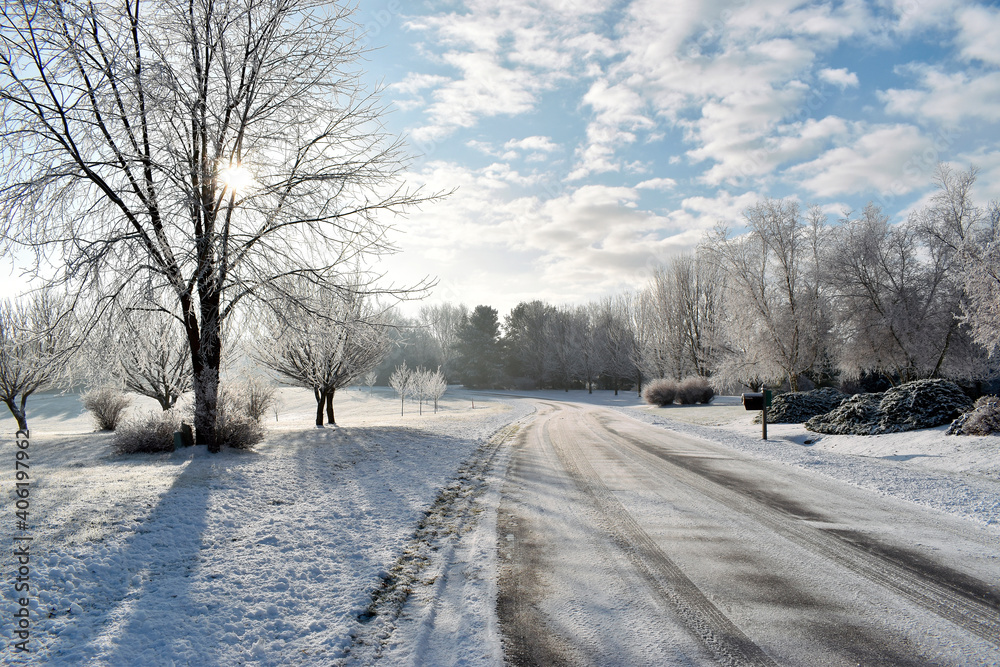 Country Road in a Frosty Winter Landscape Scene Country Road in a Frosty Winter Landscape Scene