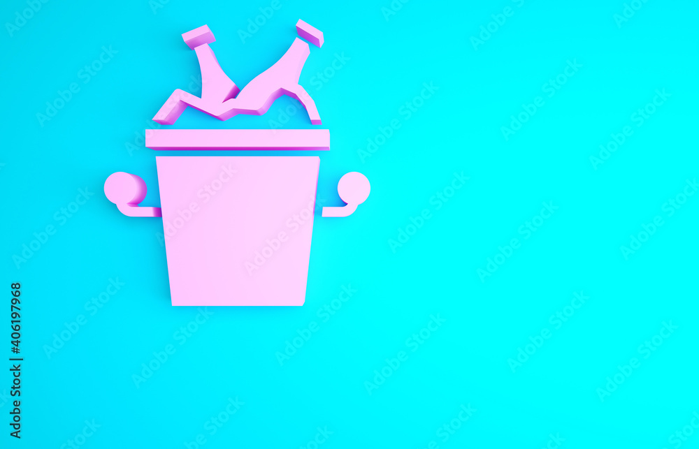 Pink Beer bottles in ice bucket icon isolated on blue background. Minimalism concept. 3d illustration 3D render. Pink Beer bottles in ice bucket icon isolated on blue background. Minimalism concept. 3d illustration 3D render.