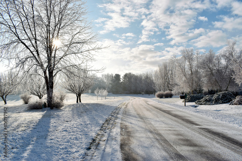 Country Road in a Frosty Winter Landscape Scene