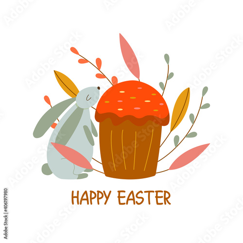 Rabbit sniffing Easter cake. Willow twigs and leaves. Colorful cartoon vector illustration isolated card. Inscription Happy Easter. Traditional food and symbol for the Orthodox and Catholic holidays