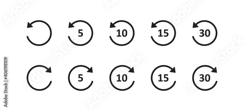 Repeat arrow icon. Reload symbol, 5, 10, 15, 30 second. Reset sign in vector flat