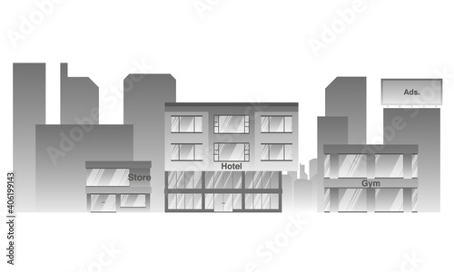 Ilutracion de ciudad, tienda, gimnasio, hotel y vaya publicitaria, creado con illustrator, totamente en vectores