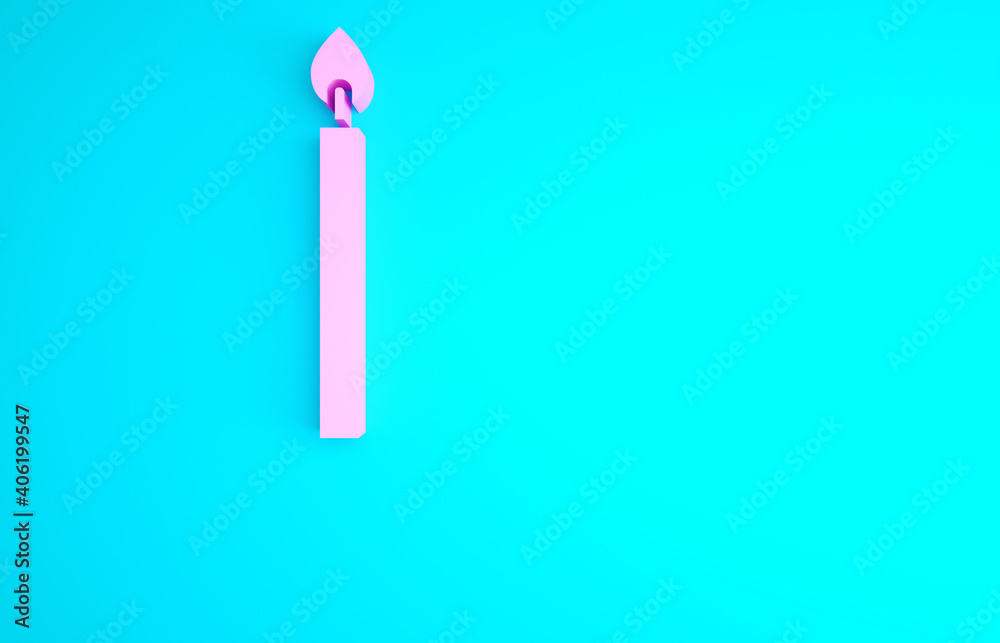 Pink Burning candle icon isolated on blue background. Cylindrical candle stick with burning flame. Minimalism concept. 3d illustration 3D render. Pink Burning candle icon isolated on blue background. Cylindrical candle stick with burning flame. Minimalism concept. 3d illustration 3D render.