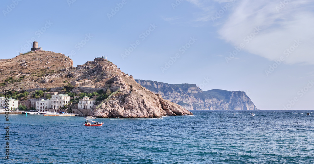 Mount Krepostnaya with the ruins of the medieval Genoese fortress Chembalo and the cape Aya, Balaklava region of Sevastopol, Crimean peninsula, Russia