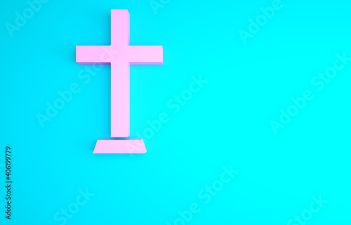 Fototapeta Naklejka Na Ścianę i Meble -  Pink Christian cross icon isolated on blue background. Church cross. Minimalism concept. 3d illustration 3D render.