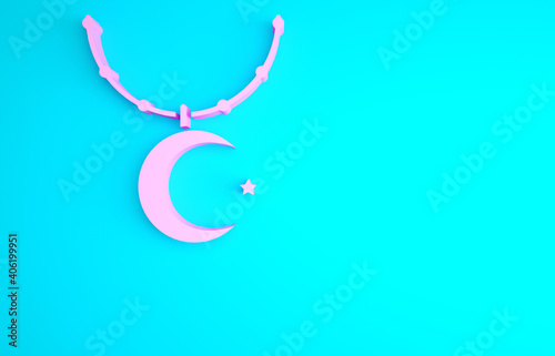 Pink Star and crescent on chain - symbol of Islam icon isolated on blue background. Religion symbol. Minimalism concept. 3d illustration 3D render.