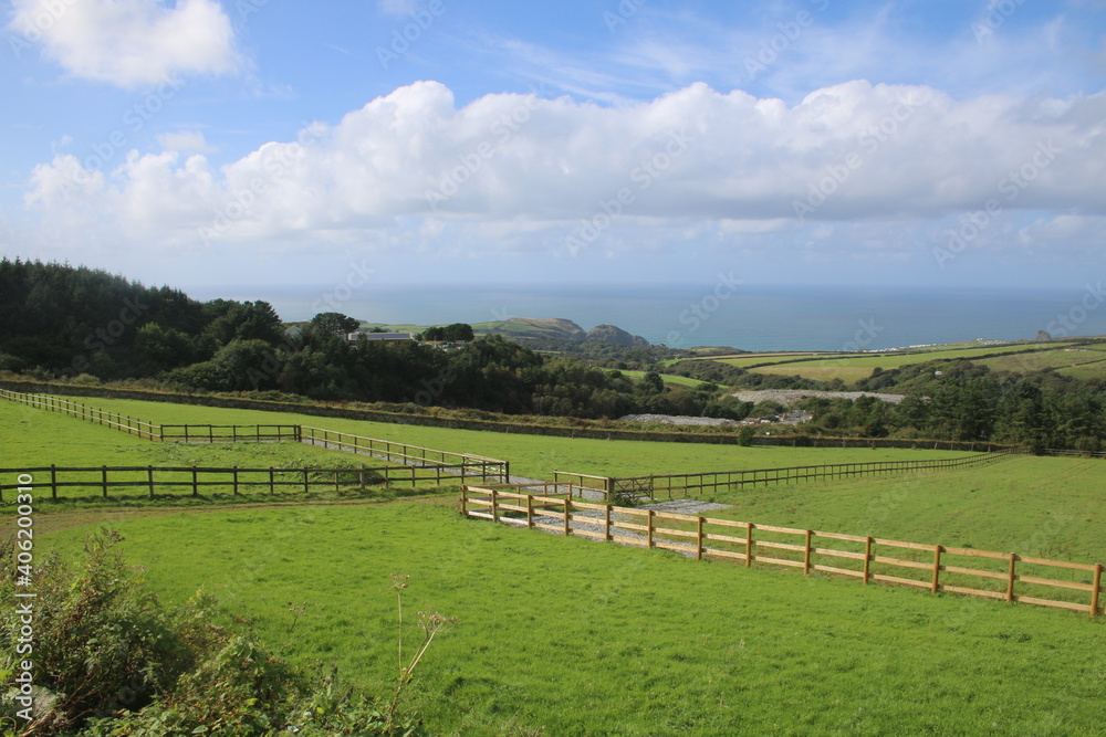 Cornwall, Landscape, Green fields, Rocks, blue sky