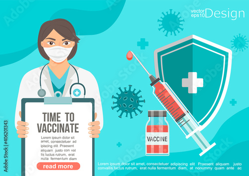 Time to vaccinate banner in female doctor's hands.Call for vaccine use.An injection that protects health.Health care concept in social media campaign,poster,flyer.Vaccination as end of pandemic.Vector