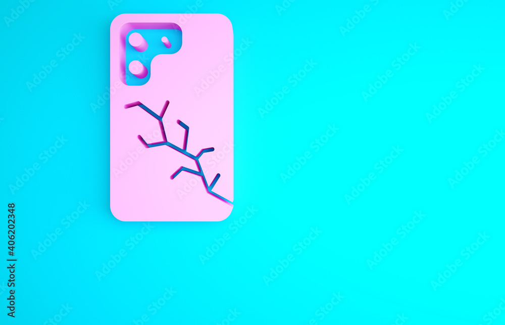 Pink Smartphone with broken screen icon isolated on blue background. Shattered phone screen icon. Minimalism concept. 3d illustration 3D render. Pink Smartphone with broken screen icon isolated on blue background. Shattered phone screen icon. Minimalism concept. 3d illustration 3D render.