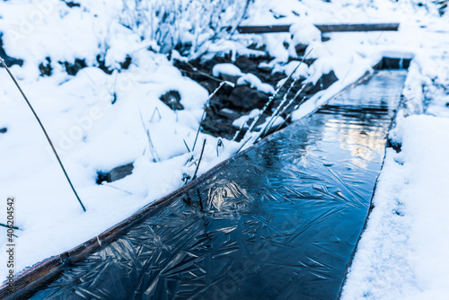 Small spring with clean transparent water among the forest in the Carpathian mountains