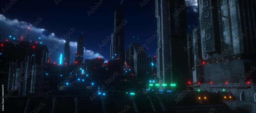 Night in a cyberpunk city. Futuristic skyscrapers with red, green and blue neon lights against the night sky with clouds. Cyberpunk style scene. City of the future. 3D illustration.
