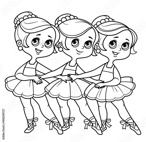Three cartoon girls ballerinas dancing the dance of little swans outlined for coloring isolated on a white background
