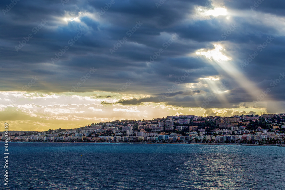 Sunset  and dramatic sky  on Fabron district of Nice , France