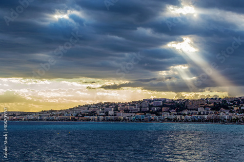 Fototapeta Naklejka Na Ścianę i Meble -  Sunset  and dramatic sky  on Fabron district of Nice , France