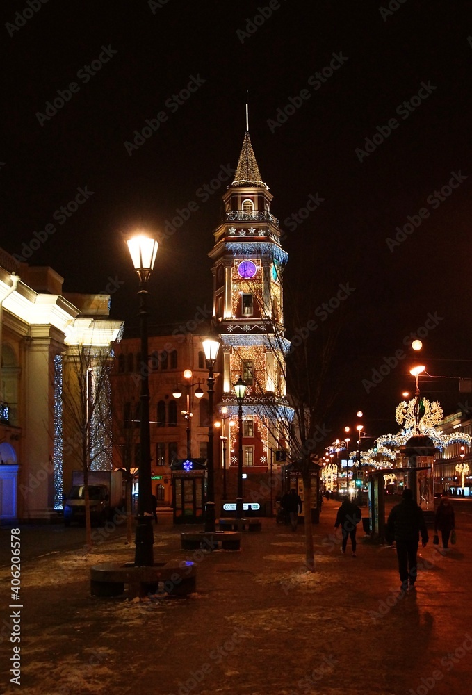 Christmas festive decorations and electric lights on the streets of St. Petersburg