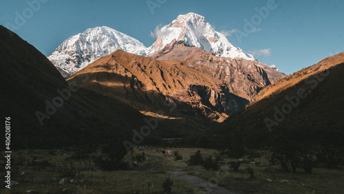 Trail and impressive Chakrarahu snowy peaks heading to Lagoon 69, Cordillera Blanca, Peru.