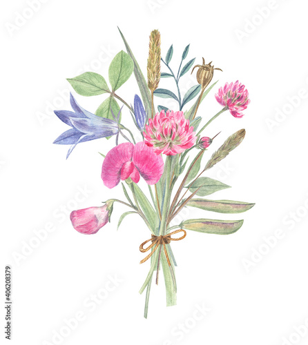 Tender bouquet of wild flowers on white isolated background. Watercolor illustration of clover, sweet peas, bluebells and herbs. Elegant composition; nice for cards and stationery. 