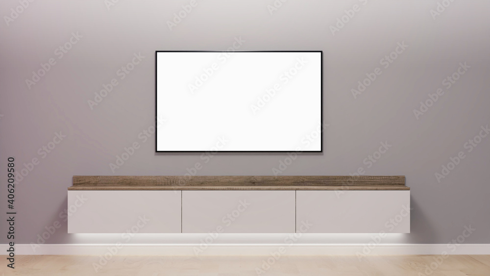 Fototapeta premium TV area in a minimalist design mockup 3d render