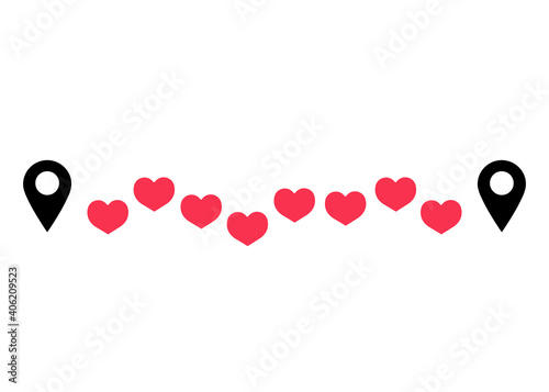Distance love icon. Route with pin map and red hearts walking footsteps. Trajectory love. Vector illustration