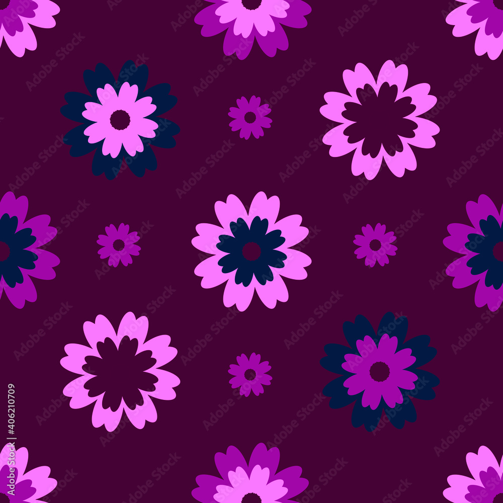 Small multicolored flowers on a dark blue background. Seamless spring pattern for textiles, clothing, covers, gliders, wrapping paper. Vector illustration.