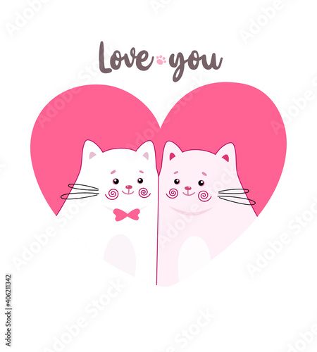 Lovely couple of cute cats. Cartoon characters. Valentine's day theme. Vector illustration. Design good for apparel print, postcard, banner, invitation and greeting card, holiday decoration. 